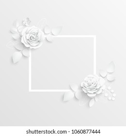 Paper flower. Square frame with abstract cut flowers. White rose. Wedding decorations. Decorative bridal bouquet, isolated floral design elements. Greeting card template on white background.