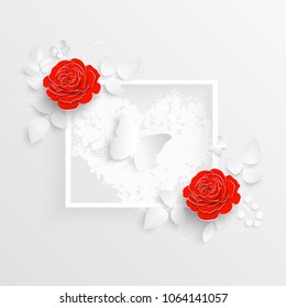 Paper flower. Square frame with abstract cut flowers. Red rose. Wedding decorations. Decorative bridal bouquet, isolated floral design elements. Greeting card template on white background.