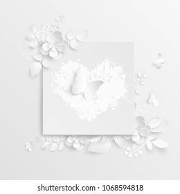 Paper flower. Square frame with abstract cut flowers. White rose. A heart. Wedding decorations. Decorative bridal bouquet, isolated floral design elements. Greeting card template on white background.