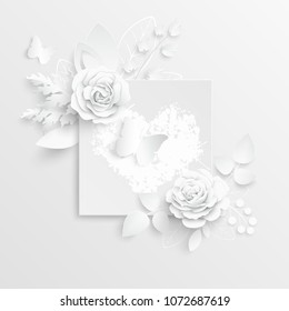 Paper flower. Square frame with abstract cut flowers. White rose. A heart. Wedding decorations. Decorative bridal bouquet, isolated floral design elements. Greeting card template on white background.