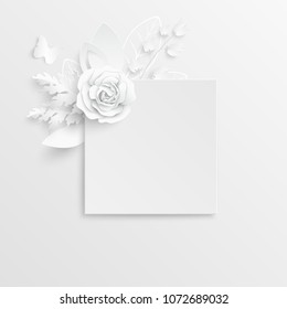 Paper flower. Square frame with abstract cut flowers. White rose. A heart. Wedding decorations. Decorative bridal bouquet, isolated floral design elements. Greeting card template on white background.