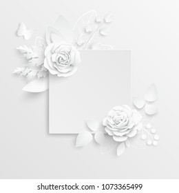 Paper flower. Square frame with abstract cut flowers. White rose. Wedding decorations. Decorative bridal bouquet, isolated floral design elements. Greeting card template on white background.