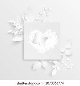 Paper flower. Square frame with abstract cut flowers. White rose. A heart. Wedding decorations. Decorative bridal bouquet, isolated floral design elements. Greeting card template on white background.