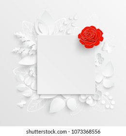 Paper flower. Square frame with abstract cut flowers. White and red rose. A heart. Wedding decorations. Decorative bridal bouquet, isolated floral design elements. Greeting card template on white back
