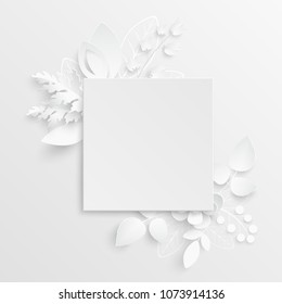 Paper flower. Square frame with abstract cut flowers. White rose. Wedding decorations. Decorative bridal bouquet, isolated floral design elements. Greeting card template on white background.
