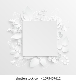 Paper flower. Square frame with abstract cut flowers. White rose. Wedding decorations. Decorative bridal bouquet, isolated floral design elements. Greeting card template on white background.