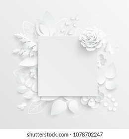 Paper flower. Square frame with abstract cut flowers. White rose. A heart. Wedding decorations. Decorative bridal bouquet, isolated floral design elements. Greeting card template on white background.