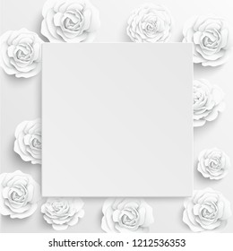 Paper flower. Square frame with abstract cut flowers. White rose. A heart. Wedding decorations. Decorative bridal bouquet. Greeting card template on white background. Vector illustration.