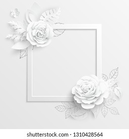 Paper flower. Square frame with abstract cut flowers. White rose. A heart. Wedding decorations. Decorative bridal bouquet. Greeting card template on white background. Vector illustration.