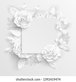 Paper flower. Square frame with abstract cut flowers. White rose. A heart. Wedding decorations. Decorative bridal bouquet. Greeting card template on white background. Vector illustration.