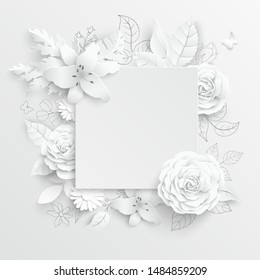Paper flower. Square frame with abstract cut flowers. White rose. A heart. Wedding decorations. Decorative bridal bouquet. Greeting card template on white background. Vector illustration.