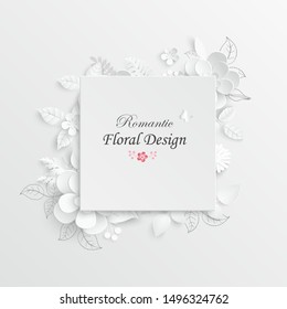 Paper flower. Square frame with abstract cut flowers. White flowers. Wedding decorations. Decorative bridal bouquet. Greeting card template on white background. Vector illustration.