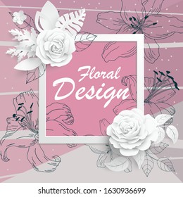 Paper flower. Square frame with abstract cut flowers. White rose. Wedding decorations. Decorative bridal bouquet. Greeting card template on a bright, colorful, geometric background.Vector illustration
