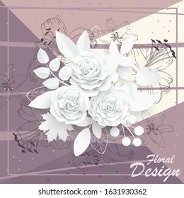 Paper flower. Square frame with abstract cut flowers. White rose. Wedding decorations. Decorative bridal bouquet. Greeting card template on a bright, colorful, geometric background.Vector illustration