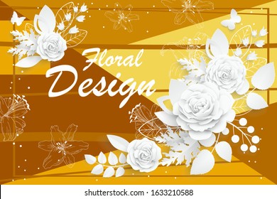 Paper flower. Square frame with abstract cut flowers. White rose. Wedding decorations. Decorative bridal bouquet. Greeting card template on a bright, colorful, geometric background.Vector illustration