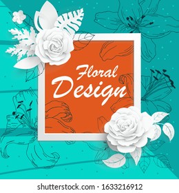 Paper flower. Square frame with abstract cut flowers. White rose. Wedding decorations. Decorative bridal bouquet. Greeting card template on a bright, colorful, geometric background.Vector illustration