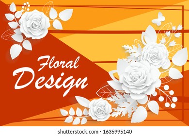 Paper flower. Square frame with abstract cut flowers. White rose. Wedding decorations. Decorative bridal bouquet. Greeting card template on a bright, colorful, geometric background.Vector illustration
