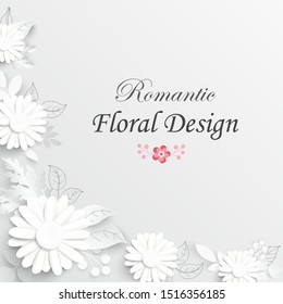 Paper flower. White chamomile cut from paper.  Wedding decorations. Decorative bridal bouquet, isolated floral design elements. Greeting card template. Vector illustration.
