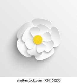Paper flower. White flower. Chamomile. A flower cut from a paper on a white background. Wedding decorations. Wedding lace. Template greeting card, blank floral wall decor. Background. illustration