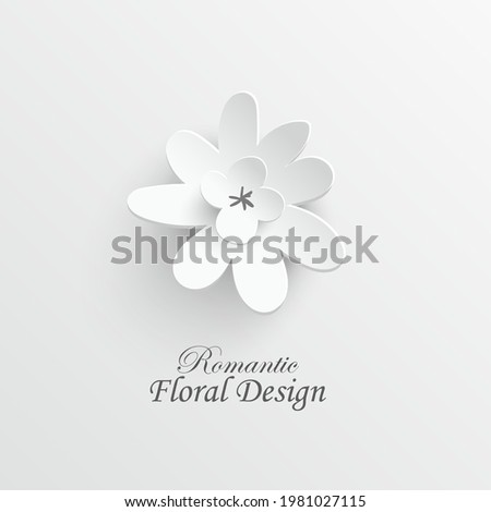 Paper flower. White flower cut from paper. Wedding decorations. Decorative bridal bouquet, isolated floral design elements. Greeting card template. Vector illustration. Background.