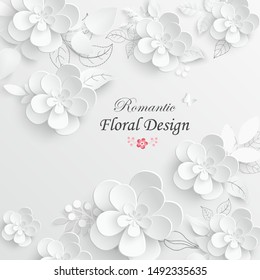 Paper flower. White flowers cut from paper.  Wedding decorations. Decorative bridal bouquet, isolated floral design elements. Greeting card template. Vector illustration. Background.