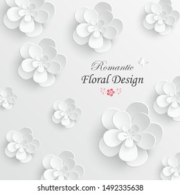 Paper flower. White flowers cut from paper.  Wedding decorations. Decorative bridal bouquet, isolated floral design elements. Greeting card template. Vector illustration. Background.