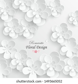 Paper flower. White flowers cut from paper.  Wedding decorations. Decorative bridal bouquet, isolated floral design elements. Greeting card template. Vector illustration. Background.