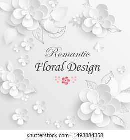 Paper flower. White flowers cut from paper.  Wedding decorations. Decorative bridal bouquet, isolated floral design elements. Greeting card template. Vector illustration. Background.