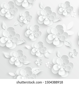 Paper flower. White flowers cut from paper.  Wedding decorations. Decorative bridal bouquet, isolated floral design elements. Greeting card template. Vector illustration. Background.