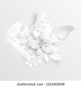Paper flower. White lilies cut from paper. Wedding decorations. Decorative bridal bouquet, isolated floral design elements. Greeting card template. Vector illustration. Background. A heart. Backdrop.