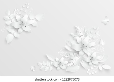Paper flower. White lilies cut from paper. Wedding decorations. Decorative bridal bouquet, isolated floral design elements. Greeting card template. Vector illustration. Background. A heart. Backdrop.