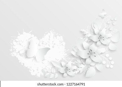 Paper flower. White lilies cut from paper. Wedding decorations. Decorative bridal bouquet, isolated floral design elements. Greeting card template. Vector illustration. Background. Backdrop. 