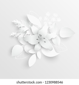 Paper flower. White lilies cut from paper. Wedding decorations. Decorative bridal bouquet, isolated floral design elements. Greeting card template. Vector illustration. Background. Backdrop. 