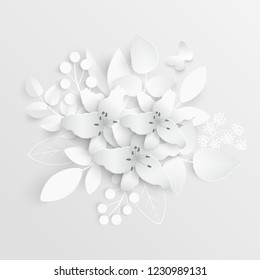 Paper flower. White lilies cut from paper. Wedding decorations. Decorative bridal bouquet, isolated floral design elements. Greeting card template. Vector illustration. Background. Backdrop. 