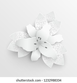 Paper flower. White lilies cut from paper. Wedding decorations. Decorative bridal bouquet, isolated floral design elements. Greeting card template. Vector illustration. Background. Backdrop. 