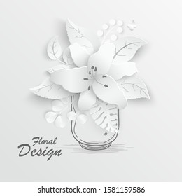 Paper flower. White lilies cut from paper.  Wedding decorations. Decorative bridal bouquet, isolated floral design elements. Ribbon mason jar. Doodle. Greeting card template. Vector illustration.