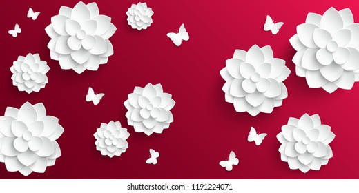 Paper flower. White lotus cut from paper. Wedding decorations. Decorative bridal bouquet, isolated floral design elements. Greeting card template, blank floral wall decor. Background. Vector Butterfly