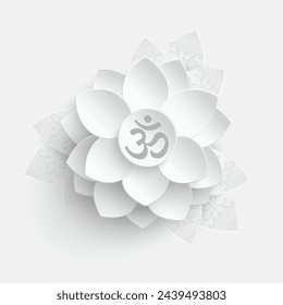 Flor de papel. Loto blanco cortado de papel. Sonido sagrado indio Om o Aum. Símbolo de la tríada divina de Brahma, Vishnu y Shiva. El signo del antiguo mantra. Signo de símbolo Om sobre fondo blanco