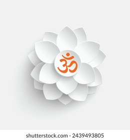 Paper flower. White lotus cut from paper. Om or Aum Indian sacred sound. The symbol of the divine triad of Brahma, Vishnu and Shiva. The sign of the ancient mantra. Om symbol sign on white background