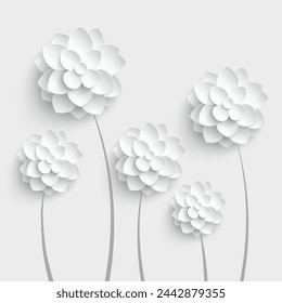 Flor de papel. Loto blanco cortado de papel. Decoraciones de boda. Ramo de novia decorativo, elementos de diseño floral aislados. Plantilla de tarjeta de felicitación Ilustración vectorial. Antecedentes. 