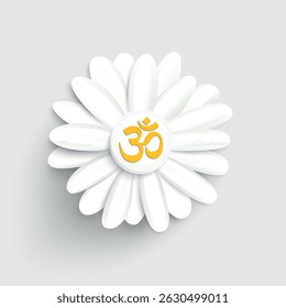 Paper flower. White lotus cut from paper. Om or Aum Indian sacred sound. The symbol of the divine triad of Brahma, Vishnu and Shiva. The sign of the ancient mantra. Om symbol sign on White background