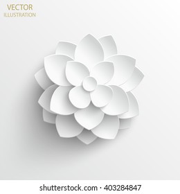 Paper flower. White lotus cut from paper. Wedding decorations. Decorative bridal bouquet, isolated floral design elements. Greeting card template. Vector illustration. Background. 