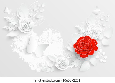 Paper flower. White and red rose cut from paper. Wedding decorations. Decorative bridal bouquet, isolated floral design elements. Greeting card template, blank floral wall decor. Background.