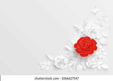 Paper flower. White and red rose cut from paper. Wedding decorations. Decorative bridal bouquet, isolated floral design elements. Greeting card template, blank floral wall decor. Background.