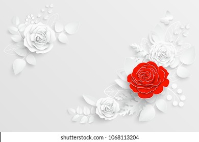 Paper flower. White and red rose cut from paper. Wedding decorations. Decorative bridal bouquet, isolated floral design elements. Greeting card template, blank floral wall decor. Background.