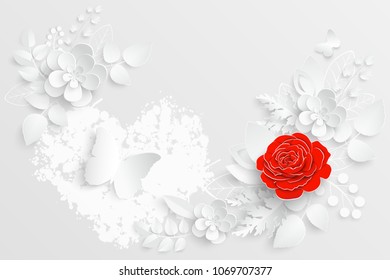 Paper flower. White and red rose cut from paper. A heart. Wedding decorations. Decorative bridal bouquet, isolated floral design elements. Greeting card template, blank floral wall decor. Background.