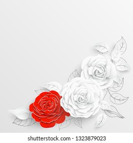 Paper flower. White and red roses cut from paper. Wedding decorations. Decorative bridal bouquet, isolated floral design elements. Greeting card template. Vector illustration. Background. Backdrop. 