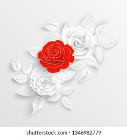 Paper flower. White and red roses cut from paper. Wedding decorations. Decorative bridal bouquet, isolated floral design elements. Greeting card template. Vector illustration. Background. Backdrop. 