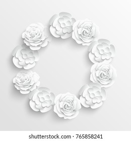 Paper flower. White roses and chamomile are cut from paper. Background. Wedding decorations. Wedding lace. Template greeting card, blank floral wall decor.