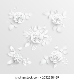 Paper flower. White roses cut from paper. Wedding decorations. Decorative bridal bouquet, isolated floral design elements. Greeting card template, blank floral wall decor. Background.